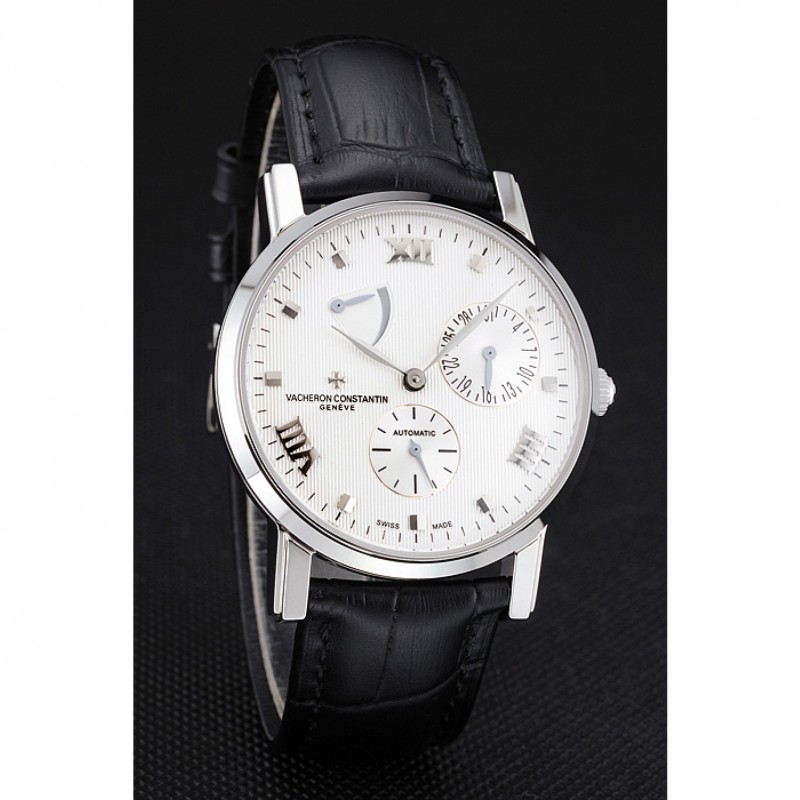 Cheap Swiss Vacheron Constantin Patrimony Quantieme Reserve De Marche White Dial Stainless Steel Case Black Leather Strap-2