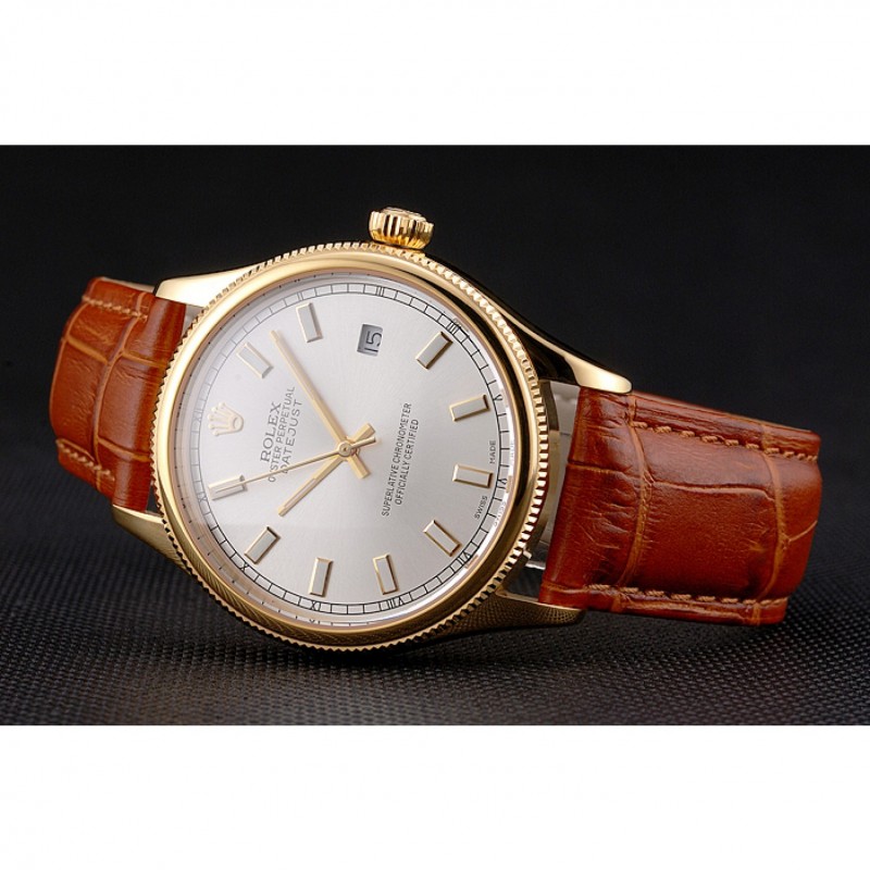 Swiss Rolex Datejust White Dial Gold Case Light Brown Leather Strap-3