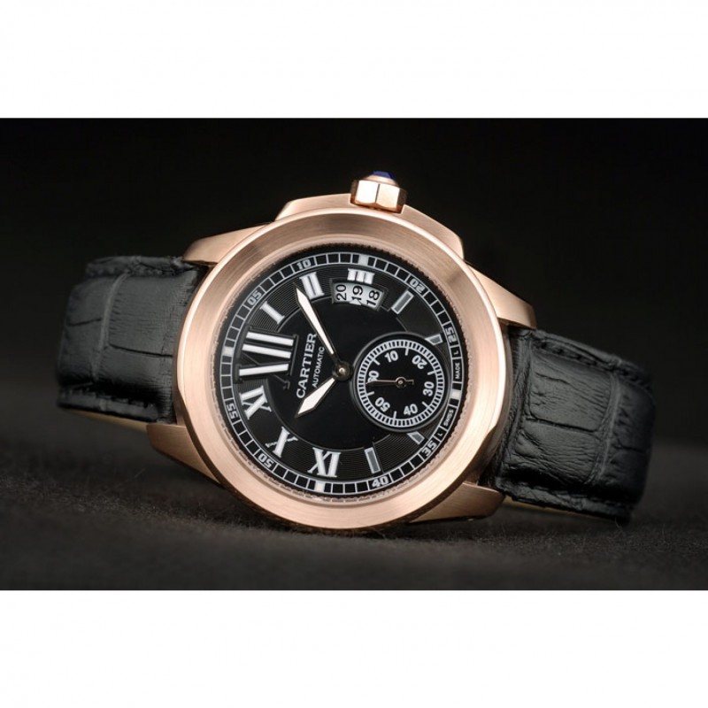 Cartier Calibre Black Dial Gold Case Black Leather Bracelet-4