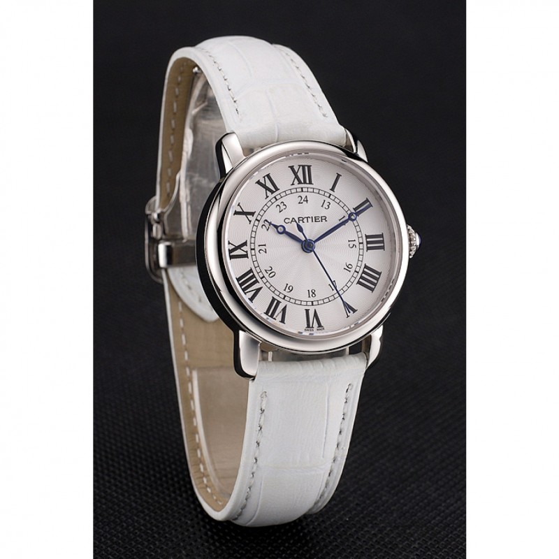 Cartier Ronde White Dial Stainless Steel Case White Leather Strap-2