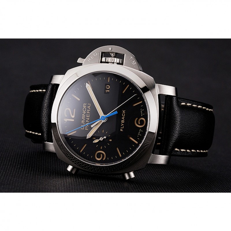 Luxury Replica Watches Swiss Panerai Luminor Flyback Chronograph Black Dial Stainless Steel Case Black Leather Strap-3