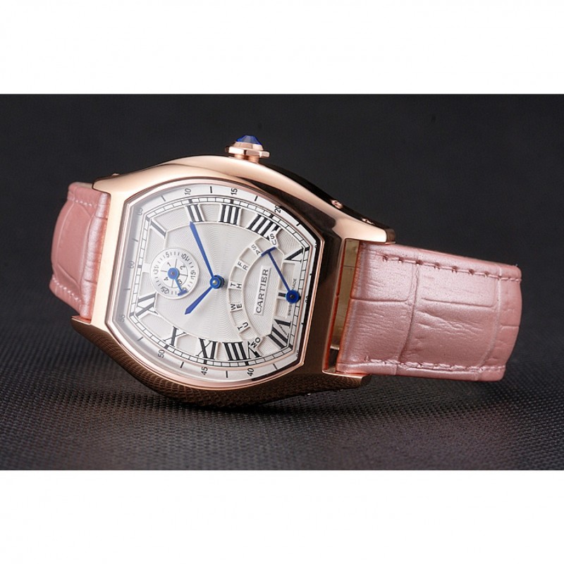 Best Replica Watches Cartier Tortue Perpetual Calendar White Dial Gold Case Pink Leather Strap-3