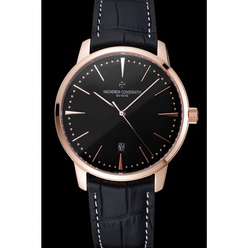 Swiss Vacheron Constantin Patrimony Black Dial Rose Gold Case Black Leather Bracelet 1454168-1