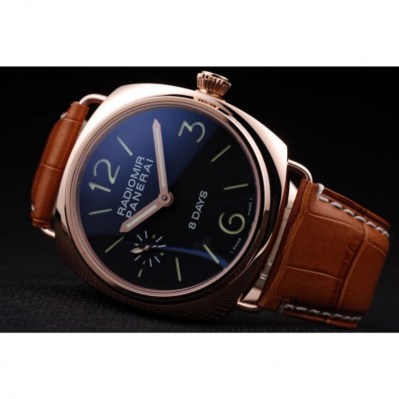Panerai Radiomir Rose Gold Case Black Dial Brown Leather Strap 98136-4
