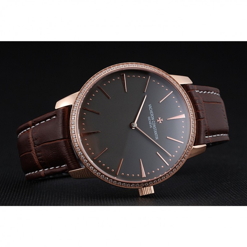 AAA Swiss Vacheron Constantin Patrimony Grand Taille Grey Dial Rose Gold Diamonds Case Brown Leather Bracelet 1454172-3