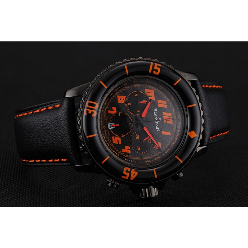 Blancpain Fifty Fathoms Speed Command Carbon Fiber Dial With Orange Markings Black PVD Case Black Leather Strap 1453776-3