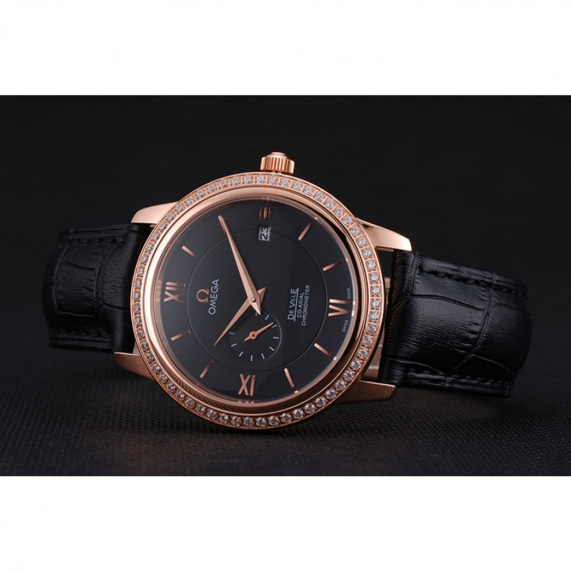 Omega De Ville Prestige Co-Axial Black Dial Rose Gold Diamond Case Black Leather Strap Roman Numeral-4