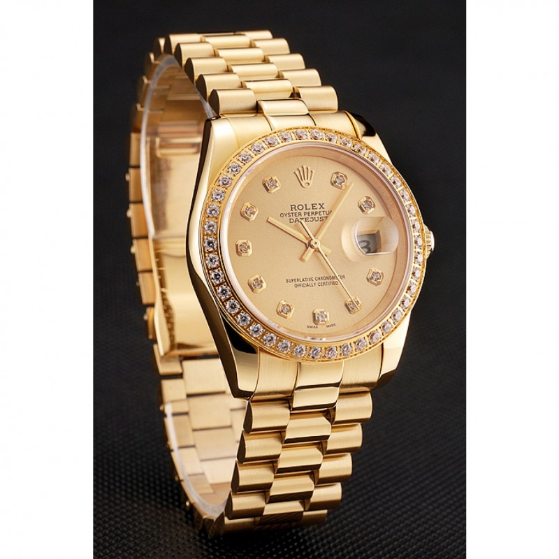 Swiss Rolex Datejust Champagne Dial Diamond Bezel Gold Bracelet 1454097-2