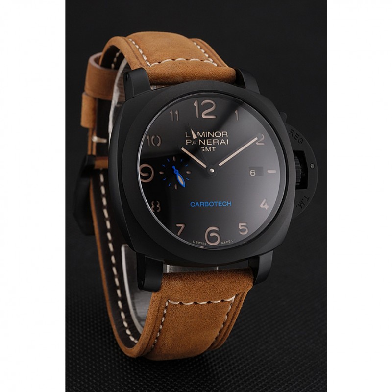 Swiss Panerai Luminor GMT Carbotech Black Dial Black Case Brown Leather Strap-2