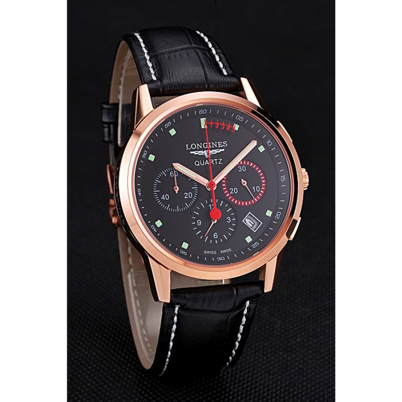 Longines Column Wheel Black Dial Gold Case Black Leather Strap-2