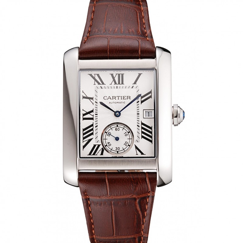 Swiss Cartier Tank MC White Dial Stainless Steel Case Brown Leather Strap-0