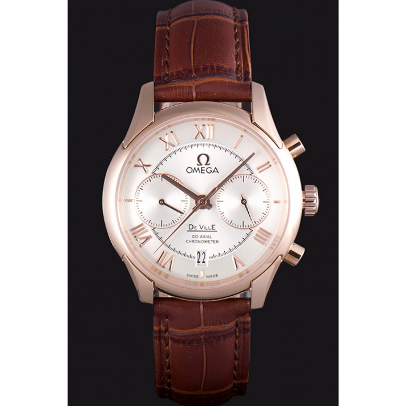 High Quality Replica Watches Omega DeVille Rose Gold Bezel with White Dial and Brown Leather Strap 621570-1