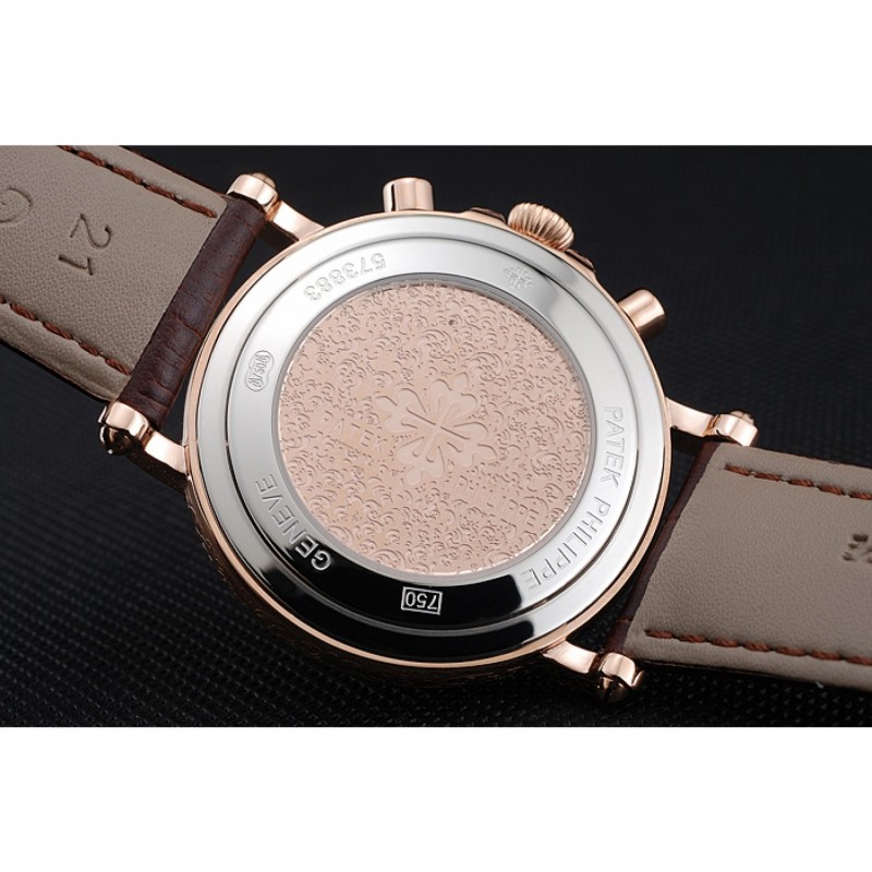 AAA Replica Watches Patek Philippe Grand Complications Rose Gold Dial Engraved Rose Gold Case Brown Leather Bracelet 1454142-7