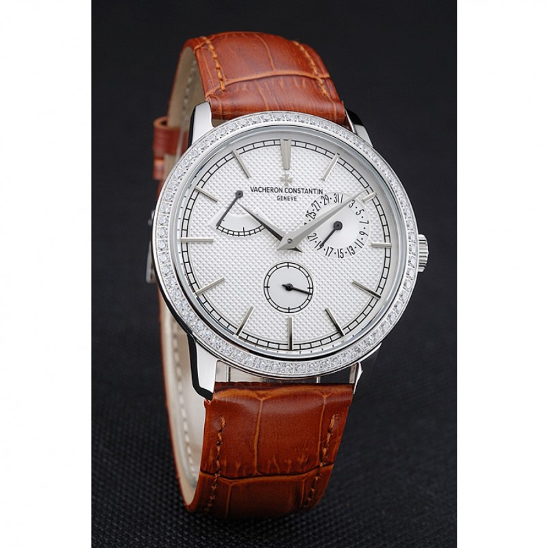 Vacheron Constantin Patrimony Power Reserve White Dial Silver Diamond Case Brown Leather Bracelet 1454266-2