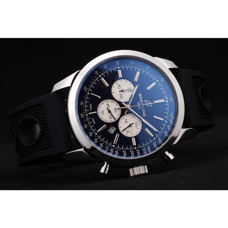 Breitling Transocean Black Dial Black Rubber Strap Polished Stainless Steel Bezel-3