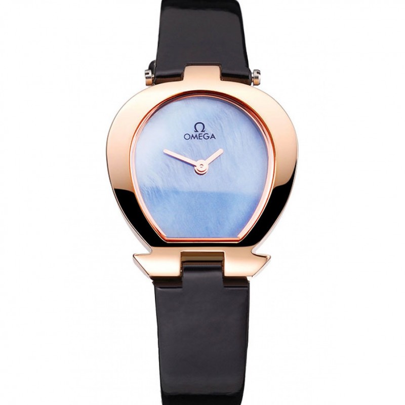 Omega Ladies Watch Sky Blue Dial Gold Case Black Leather Strap 622821-0