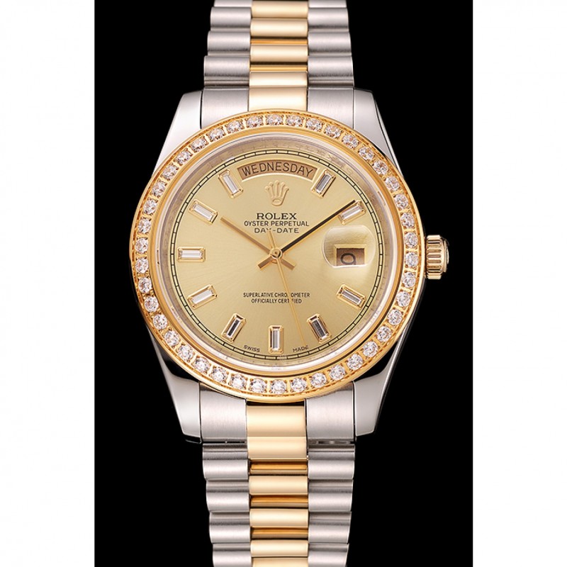SS Replica Watches Swiss Rolex Day-Date Champagne Dial Diamond Bezel Two Tone Bracelet 1454103-1