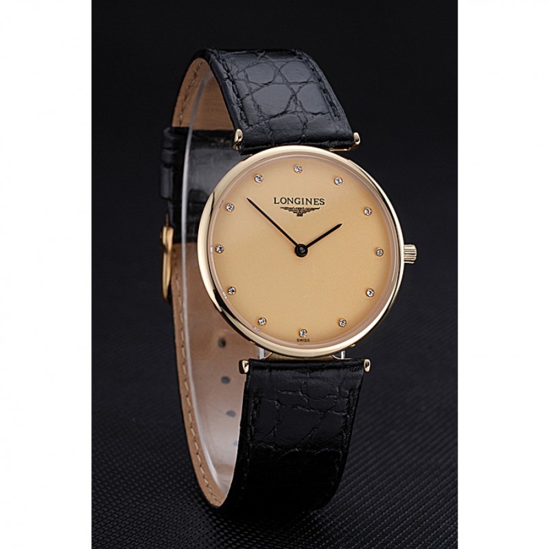 Longines La Grande Classique Champagne Dial Black Leather Band Diamond Markers Homme 622121-2