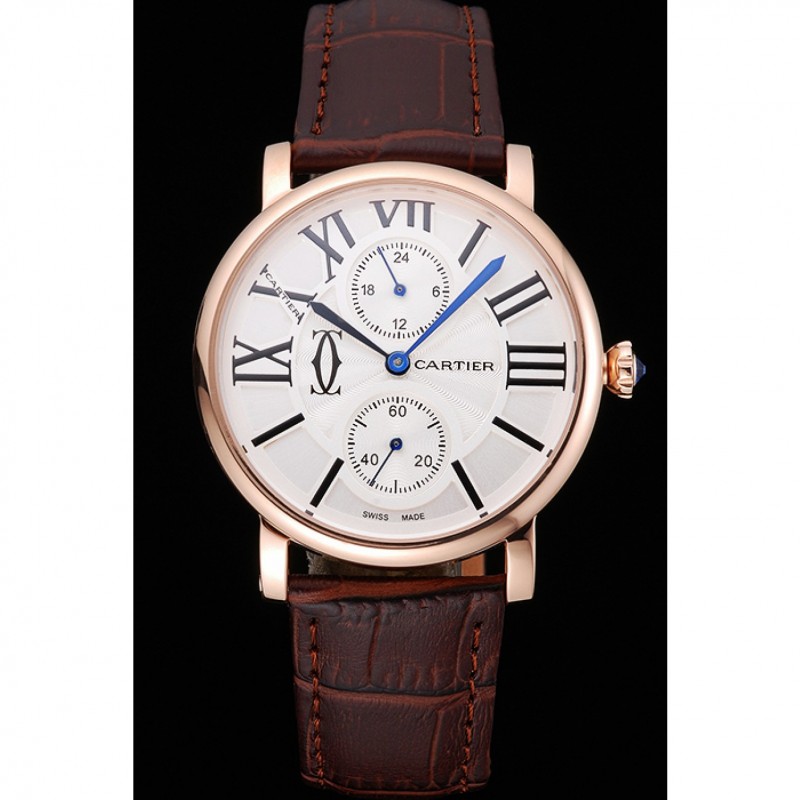 SS Cartier Ronde Second Time Zone White Dial Gold Case Brown Leather Strap 622801-1