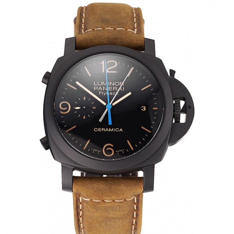 Swiss Panerai Luminor Ceramica Flyback Chronograph Black Dial Black Case Brown Leather Strap-0