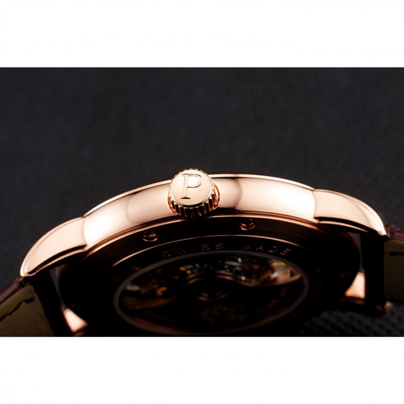 Swiss Piaget Altiplano Rose Gold Skeleton Dial With Diamonds Rose Gold Case Brown Leather Strap-8