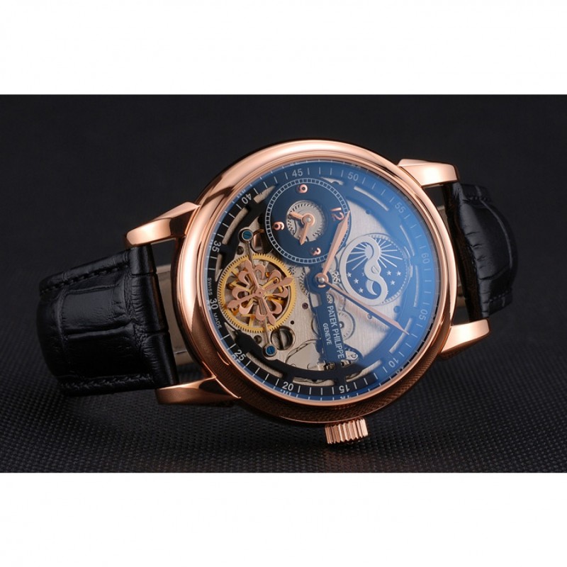 Patek Philippe Dual Time Moonphase Tourbillon Black Skeletonised Rose Gold Case Black Leather Strap-3