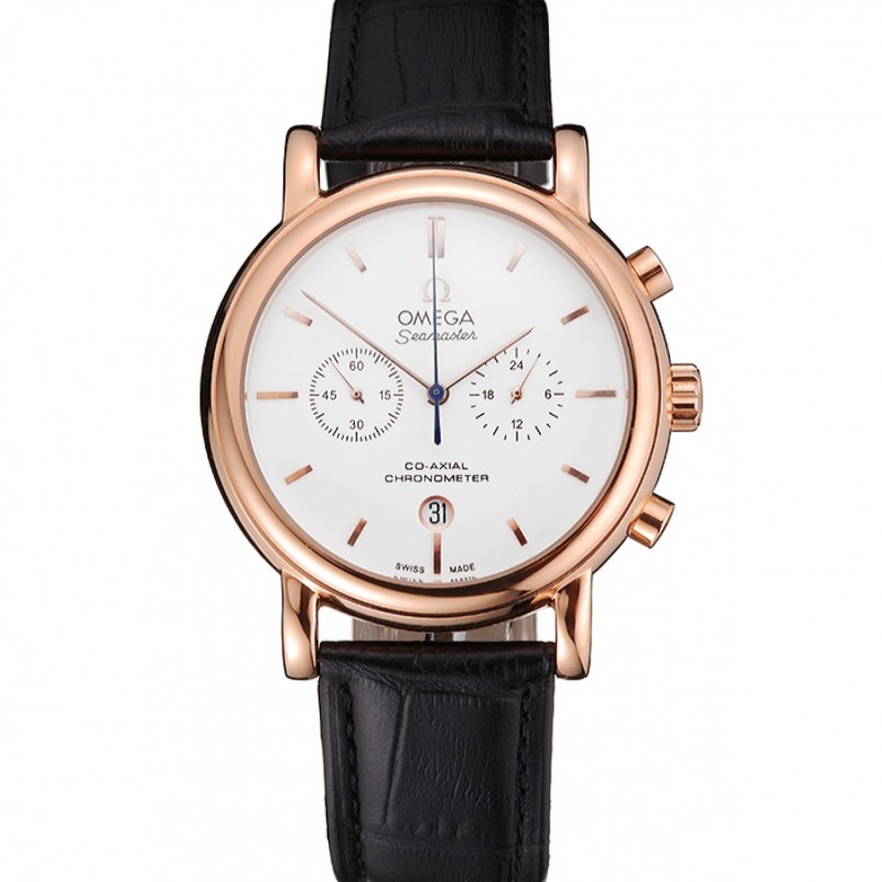SS Replica Watches Omega Seamaster Vintage Chronograph White Dial Rose Gold Case Black Leather Strap-0