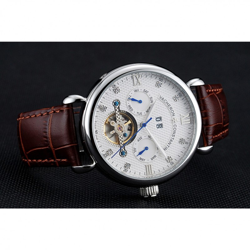 Cheap Replica Watches Vacheron Constantin Traditionnelle Tourbillon White Dial Diamond Numerals Brown Leather Bracelet 1454064-3
