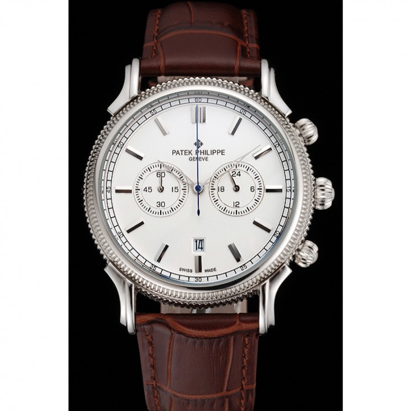 Patek Philippe Chronograph White Dial Stainless Steel Case Brown Leather Strap-1