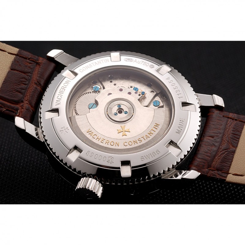 Vacheron Constantin Tourbillon White Dial Stainless Steel Case Brown Leather Bracelet-7