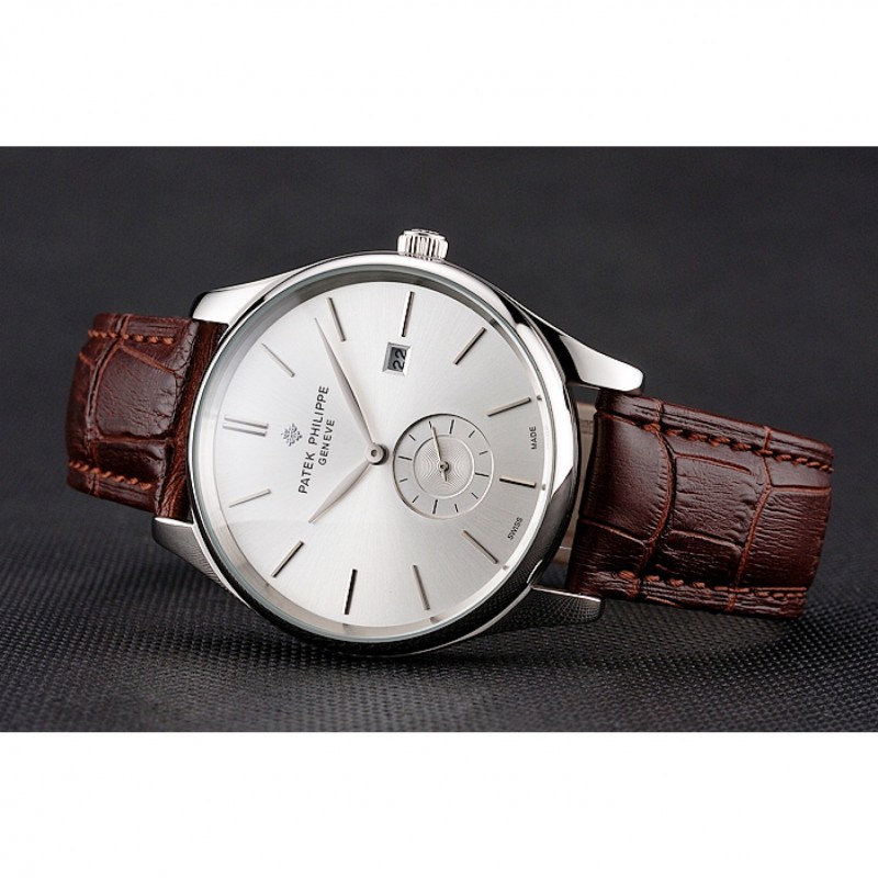 Patek Philippe Calatrava Date Silver Dial Stainless Steel Case Brown Leather Strap-3