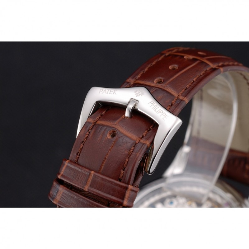 Patek Philippe Dual Time Moonphase Tourbillon White Skeletonised Dial Stainless Steel Case Brown Leather Strap-5