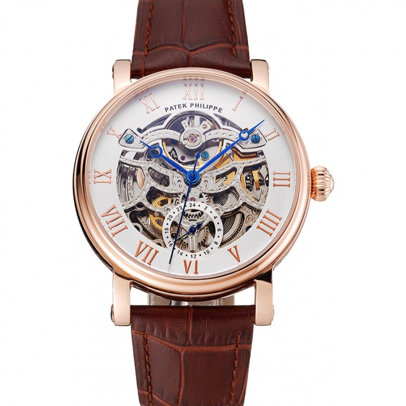 Patek Philippe Grand Complications White Skeleton Dial Rose Gold Case Brown Leather Strap 1453808-0