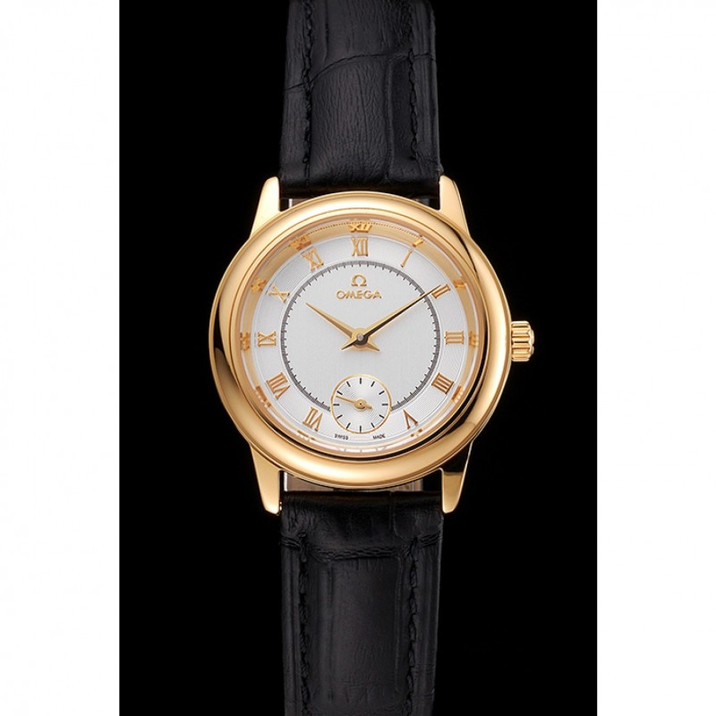 Omega De Ville Prestige Small Seconds White Dial Gold Case Black Leather Strap-1
