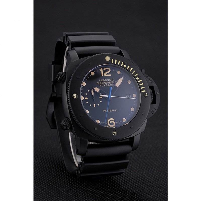 Panerai Luminor Submersible Flyback Date Black Dial Yellow Markings Black Ionized Case Black Rubber Strap-2