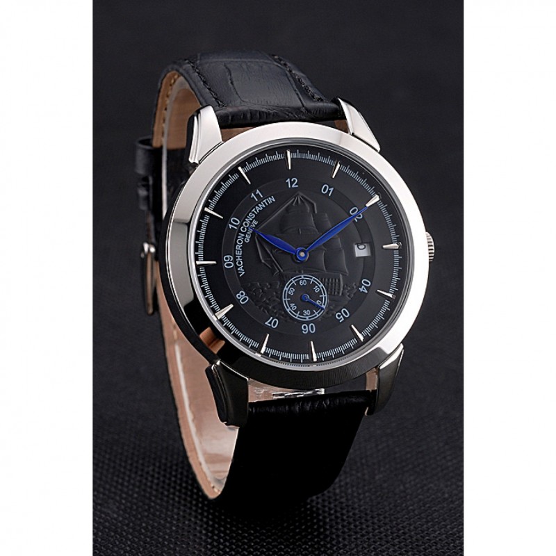 Vacheron Constantin Traditionnelle Black Ship Dial Stainless Steel Case Black Leather Strap-2