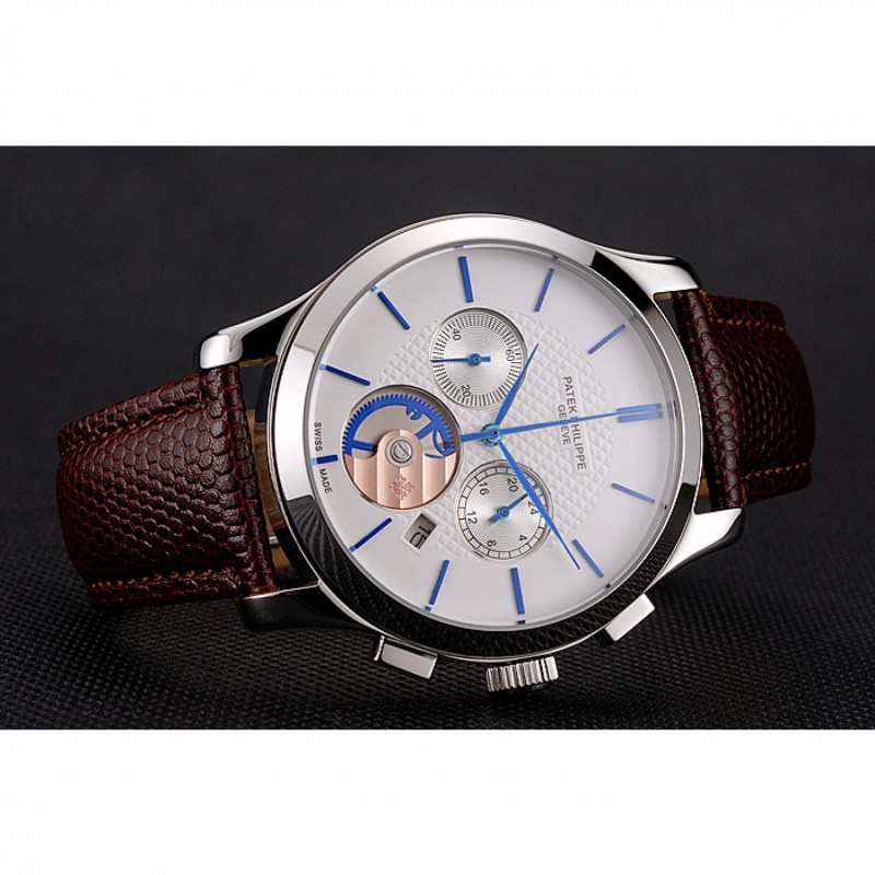 AAA Patek Philippe Chronograph White Dial Blue Hands Stainless Steel Case Brown Leather Strap-4
