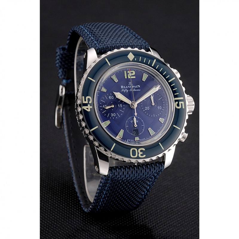 Swiss Blancpain Fifty Fathoms Flyback Chronograph Blue Dial Blue Bezel Stainless Steel Case Blue Canvas Strap-2