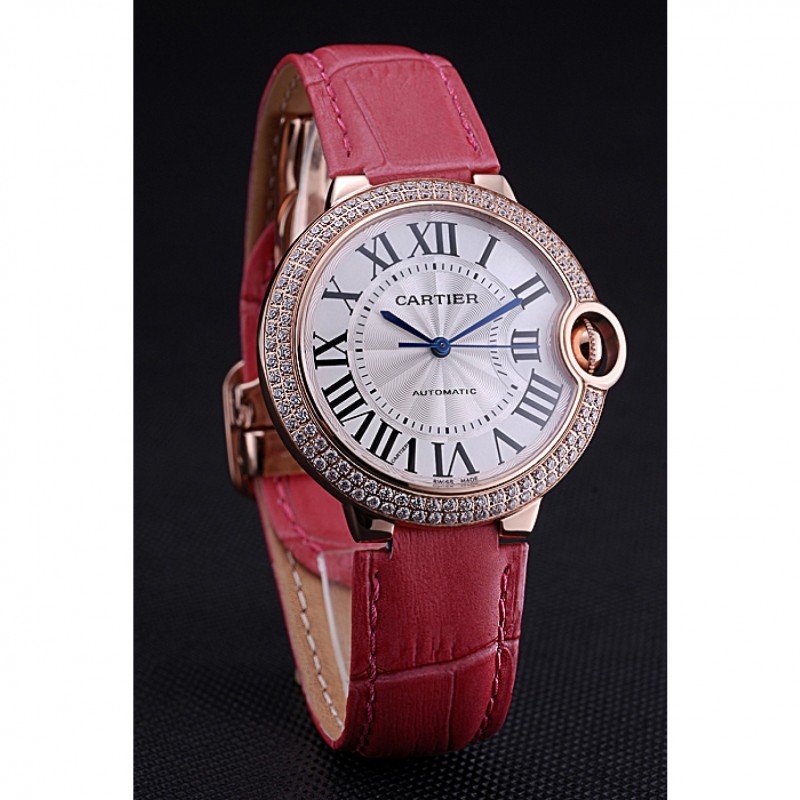AAA Swiss Cartier Ballon Bleu de Cartier White Dial Diamonds Case Pink Leather Bracelet 622553-2