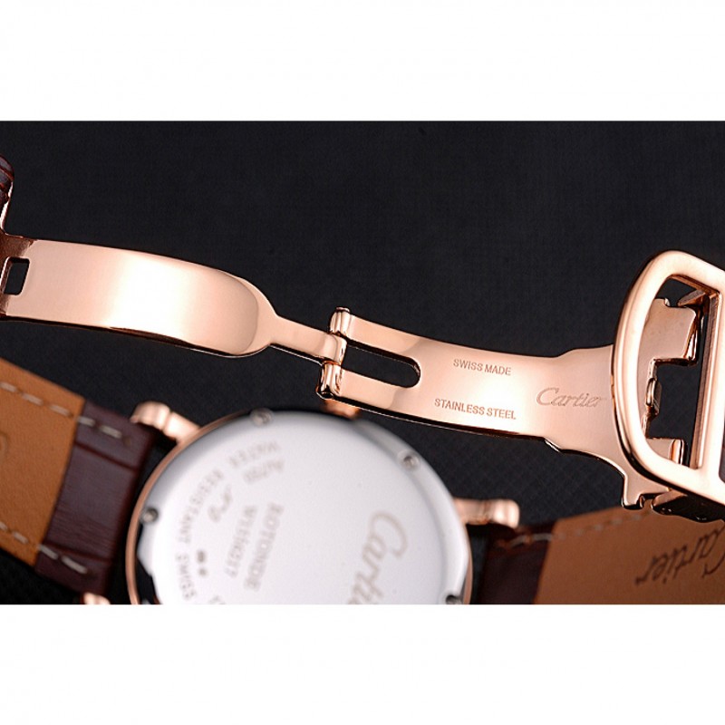 SS Cartier Ronde Second Time Zone White Dial Gold Case Brown Leather Strap 622801-6