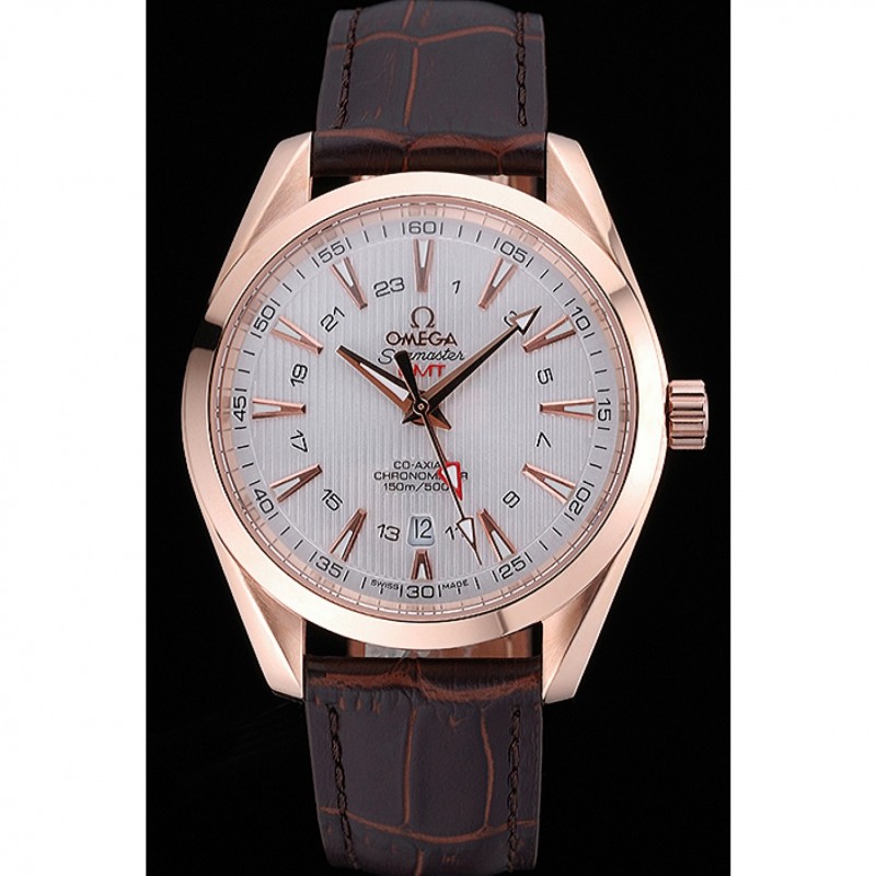 Cheap Omega Seamaster Planet Ocean GMT White Dial Rose Gold Case Brown Leather Band 622400-1