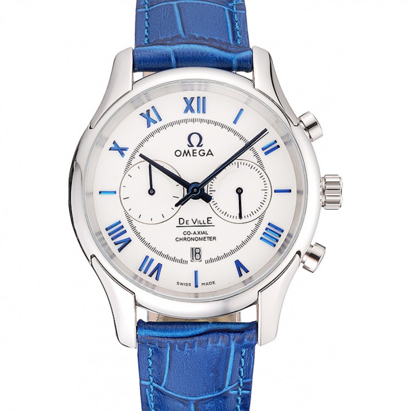 AAA Omega DeVille Silver Bezel with White Dial and Blue Leather Strap 621568-0