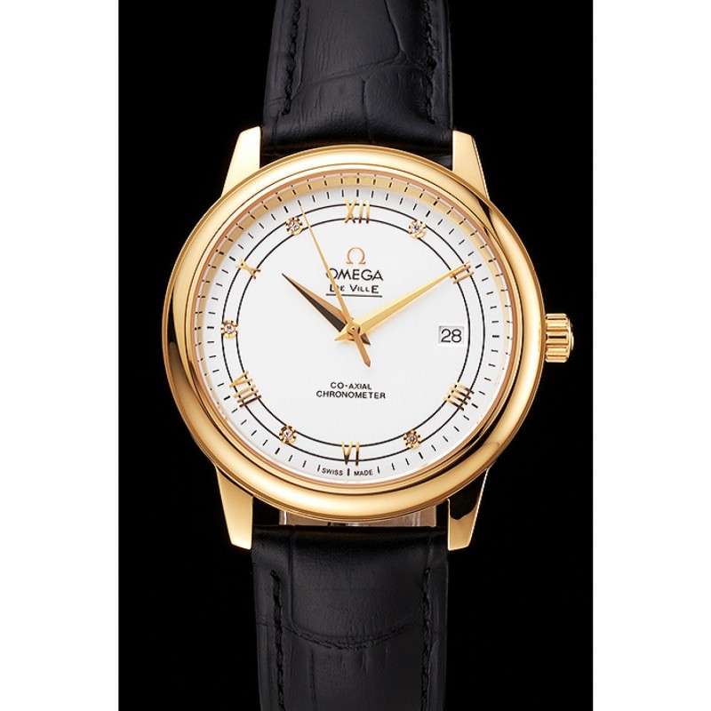 Omega De Ville Prestige White Dial Gold Case Black Leather Strap-1