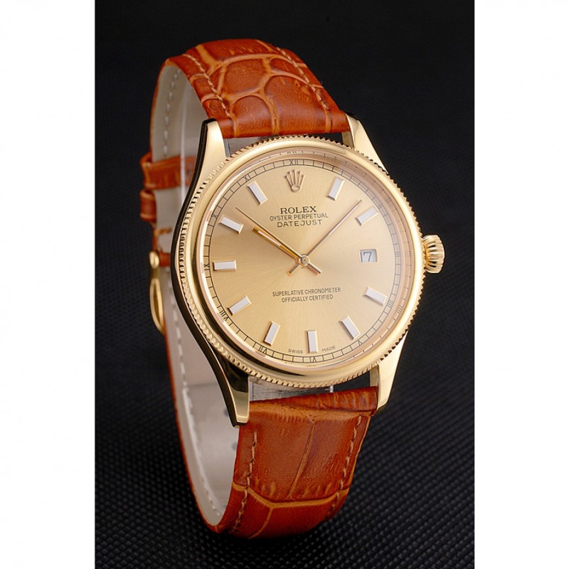 AAA Swiss Rolex Datejust Gold Dial Gold Case Light Brown Leather Strap-2