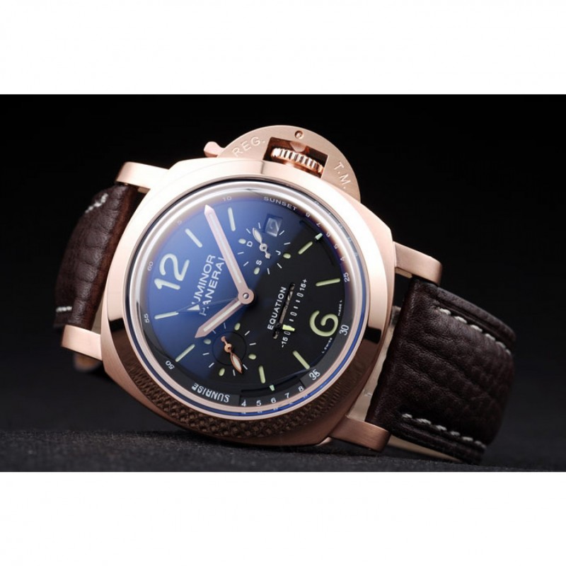 Panerai Luminor Rose Gold Case Black Dial Dark Brown Leather Strap-4