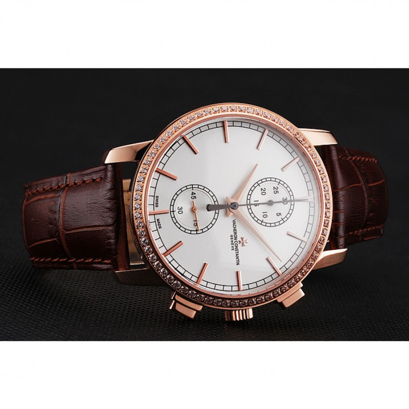 Swiss Vacheron Constantin Patrimony Traditionnelle Chronograph White Dial Diamond Bezel Rose Gold Case Brown Leather Strap 1453764-4