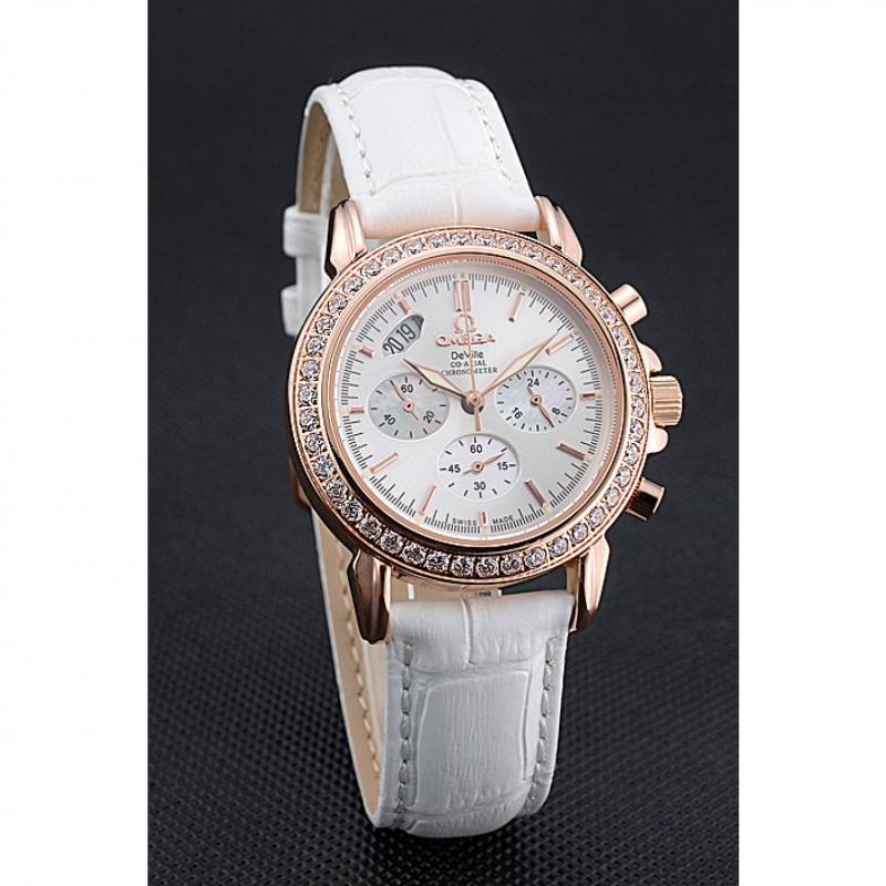 High Quality Replica Watches Omega Speedmaster Chronograph White Dial Gold Diamond Case White Leather Bracelet 622455-2