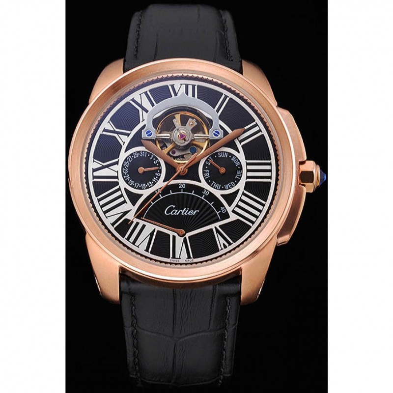 Cartier Calibre Tourbillon Black Dial Gold Case Black Leather Strap 622754-1
