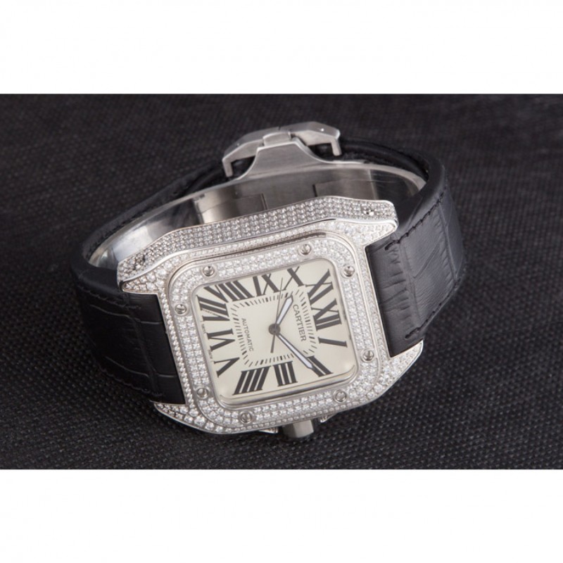 Swiss Cartier Santos Silver Bezel with Diamonds and Black Leather Strap sct47 621531-3
