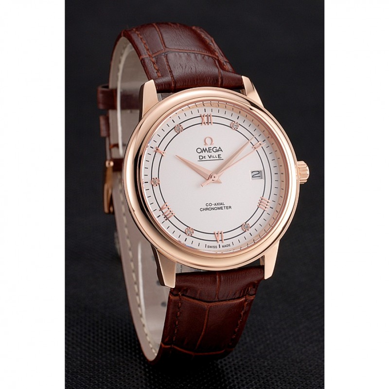 Omega De Ville Prestige White Dial Rose Gold Case Brown Leather Strap-2